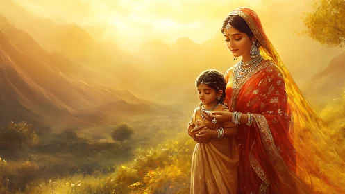 Indian mother and daughter in traditional attire, glowing sunset art.