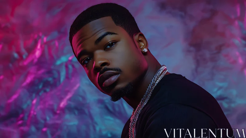 Cool confidence glows under bold neon pink and blue light