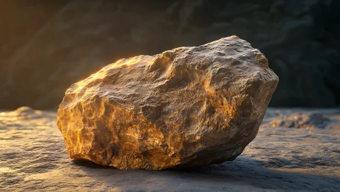 Sunlit rocky boulder renders hyperreal surface geometry