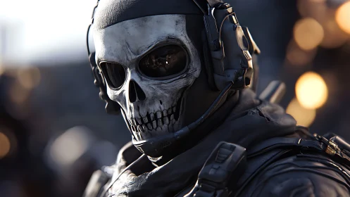 Tactical operator in skull mask and headset is shown close