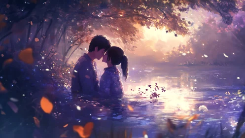 Two Figures in Water Under Golden Autumn Foliage