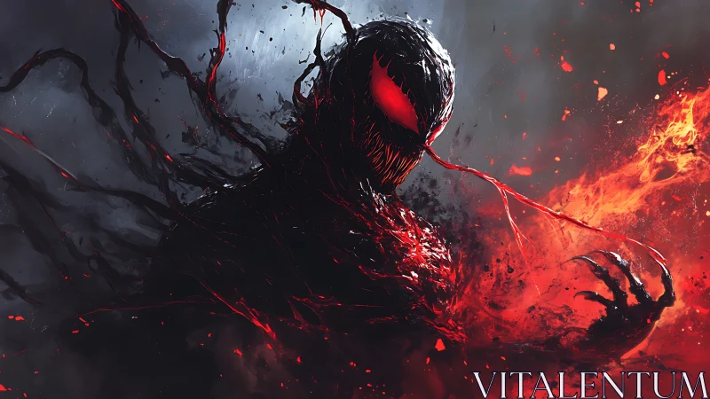 Infernal symbiote erupts from shadows in molten crimson storm.