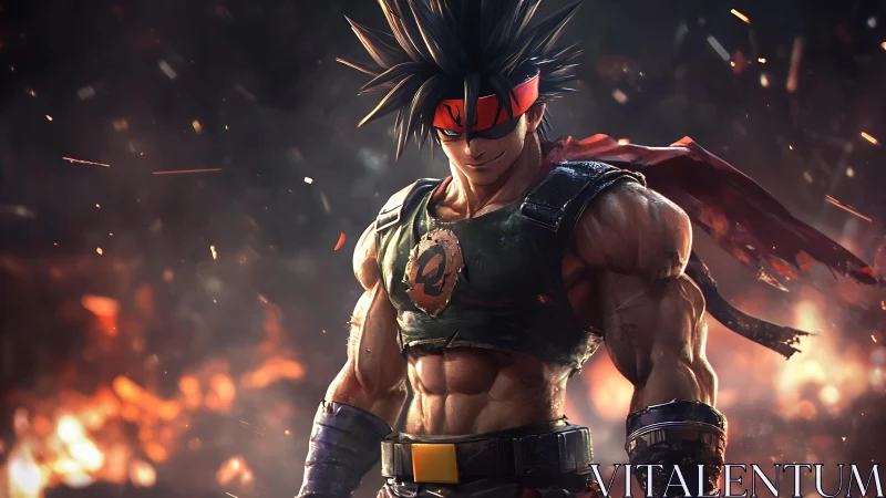 Battle-scarred warrior rendered in dramatic cinematic firestorm.