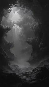 Volumetric light shafts penetrate misty ravine in monochrome forest