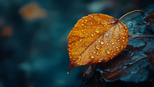 Single wet orange leaf rests on dark surface after rainfall