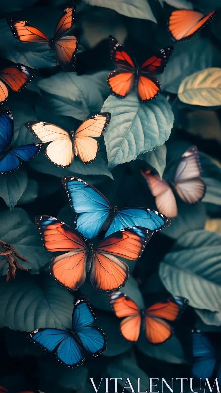 Butterflies cluster over broad leaves in high contrast light