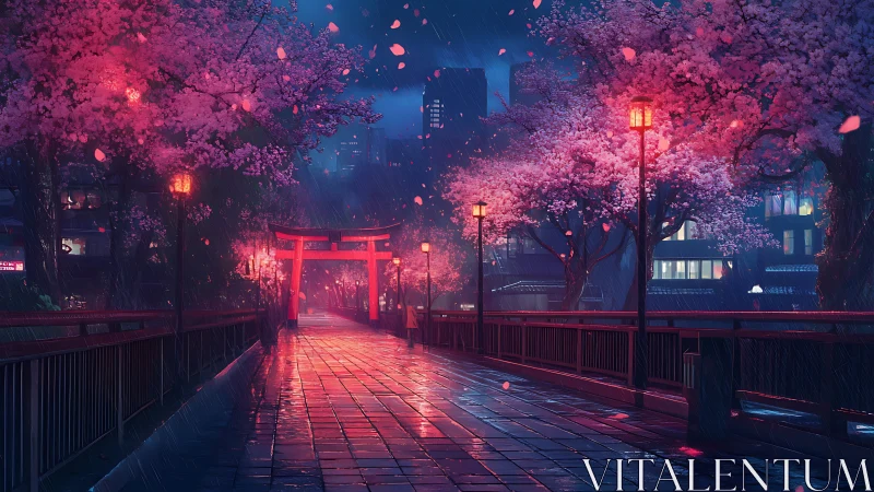 Nocturnal torii bridge under rainlit neon sakura canopy.