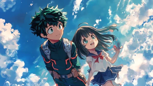 Two anime students walk under bright drifting summer clouds