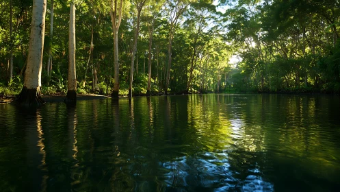 Emerald river hush beneath sunlit forest sentinels’ gaze.