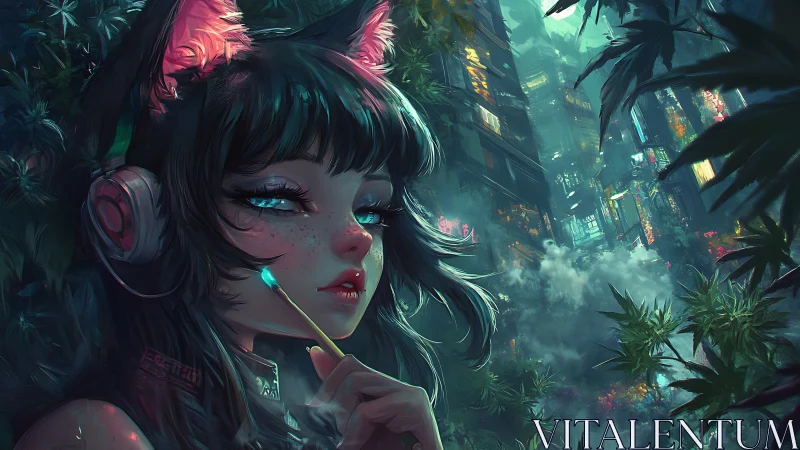 Neon cat-eared girl in lush cyberpunk night cityscape.