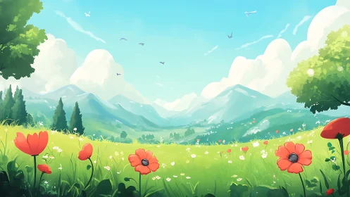 Sunny poppy valley dreaming beneath wide blue mountain skies.