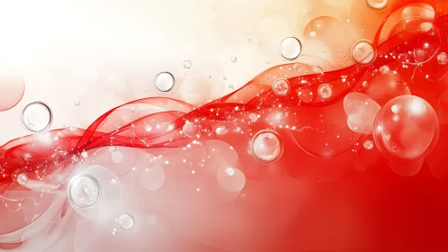 Abstract red and white waves with glowing bubbles digital artwork.