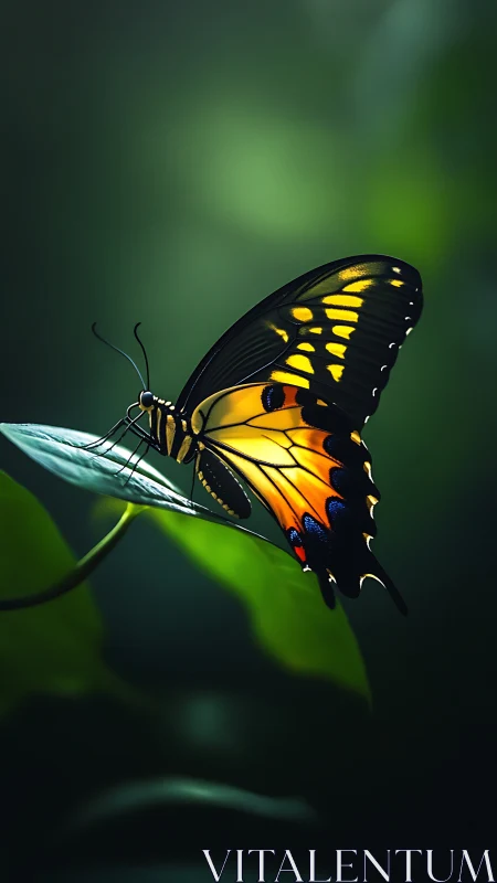 Golden butterfly resting softly in serene forest light.