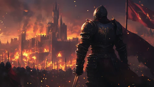 Armored warlord observes burning fortress during siege