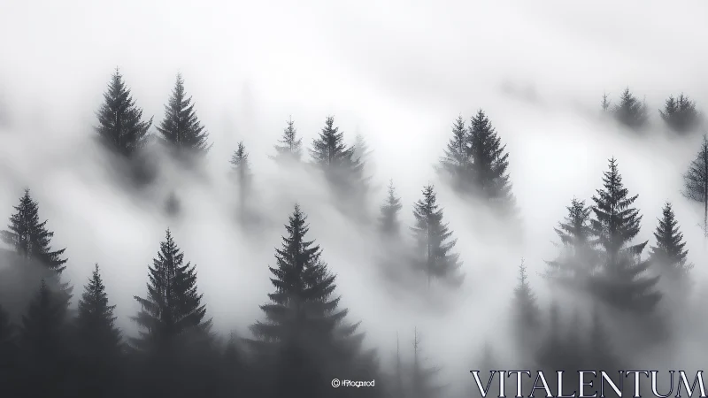 Dense coniferous trees are partially obscured by low fog