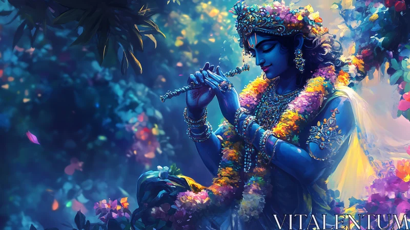 Blue divine figure with flute amid vivid floral garlands.