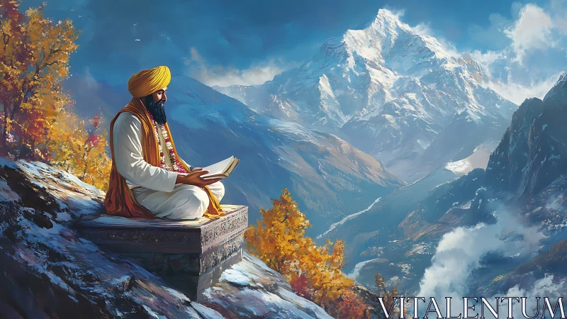 Seated reader on mountain ledge overlooking alpine valley.