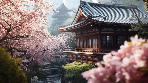 Traditional Japanese temple framed by dense cherry blossoms.
