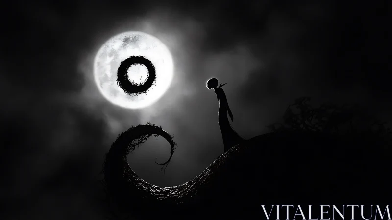 Lunar backlit silhouette on twisted nocturnal ridge geometry.