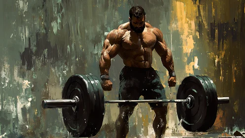 Muscular powerlifter preparing deadlift with heavy barbell load