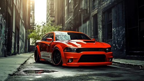 Street-lit inferno muscle car stalking the urban canyons.