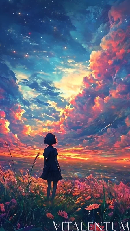 Stargazing girl beneath a storm of sunset-painted clouds.