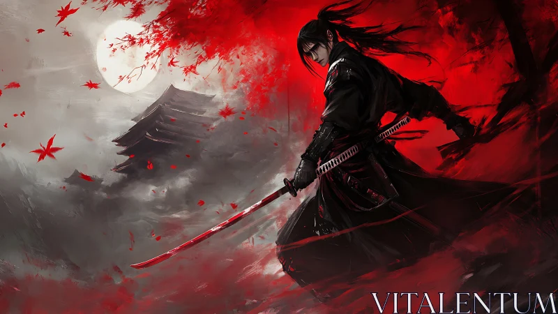 Nocturnal katana wielder in high-contrast sanguine turbulence.