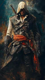 Hooded rogue warrior in weathered armor with red sash.