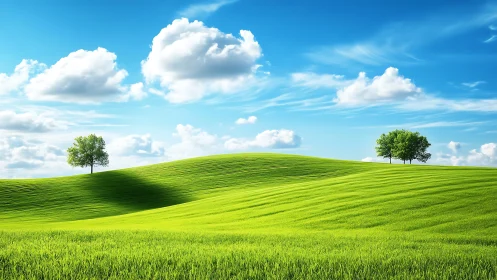 Green rolling hills with scattered trees under blue sky.