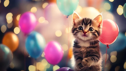 Tabby Kitten with Multicolor Balloons in Bokeh Celebration.