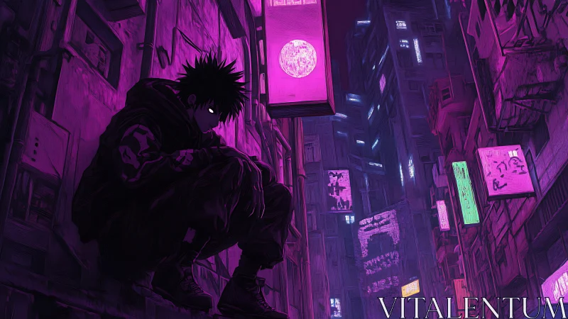 Hooded figure crouches in neon alleyway under pink signs