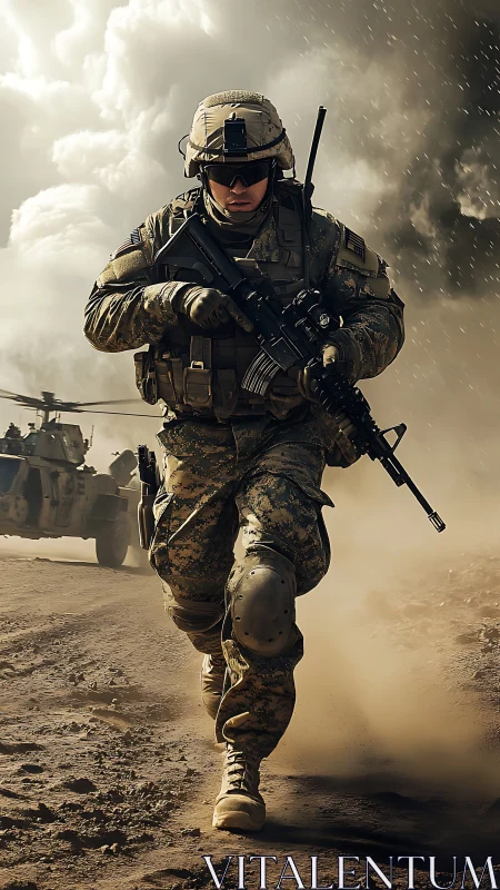 Lone combat soldier storms forward through desert firestorm.