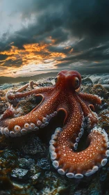 Stormy shore octopus calmly explores a glowing sunset coast
