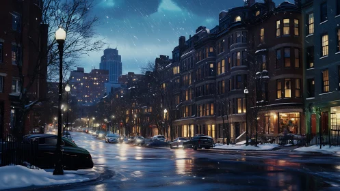 Snowy city street glows with warm townhouse windows at dusk.