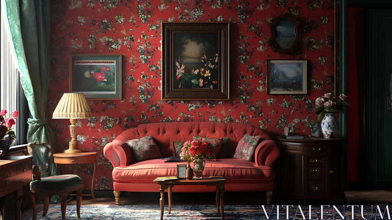 Photorealistic Victorian parlor with red floral focal wall.