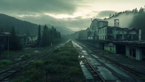 Desolate mountain rail yard under brooding emerald skies.