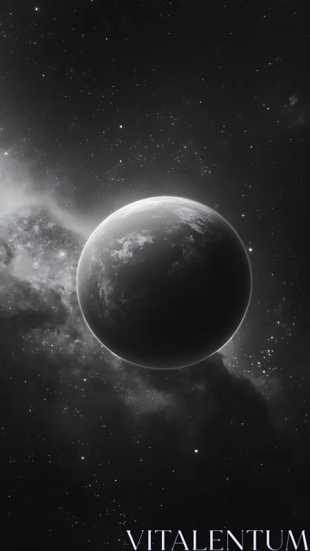 Silent night planet drifting through a starry silver sea.