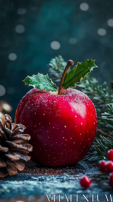 Red apple with holly leaves and snow-dusted pine in shallow focus