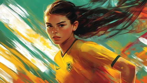 Focused female soccer player in yellow jersey portrait.