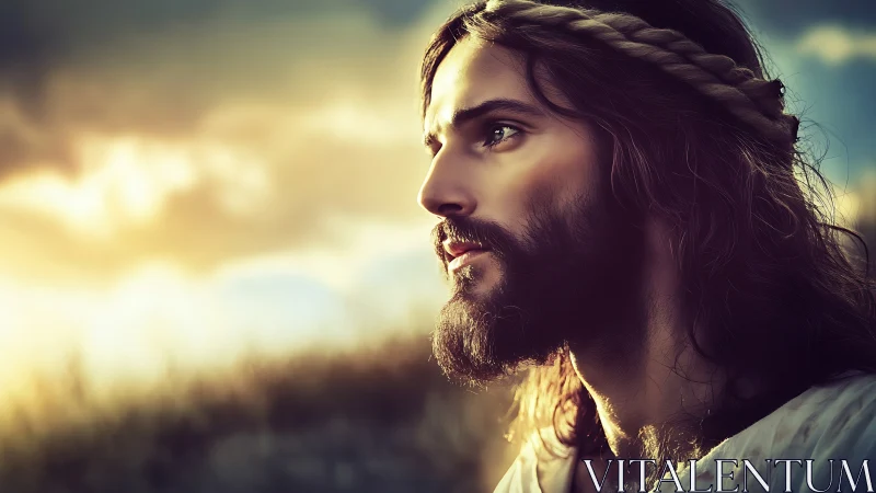 Radiant bearded figure in rim-lit profile against luminous sky.