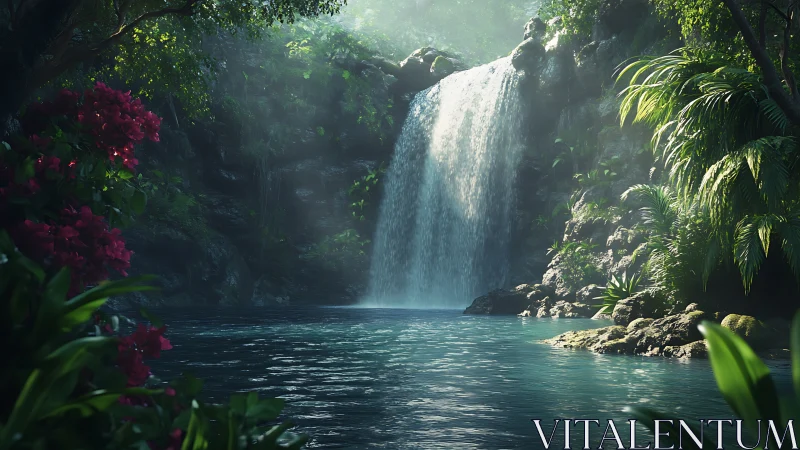 Lush jungle waterfall pool under filtered daylight.