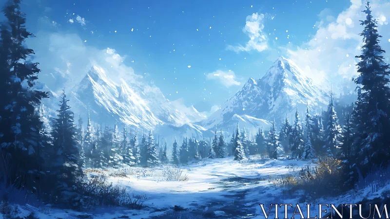 Snowcapped alpine peaks rise above sunlit winter forest.