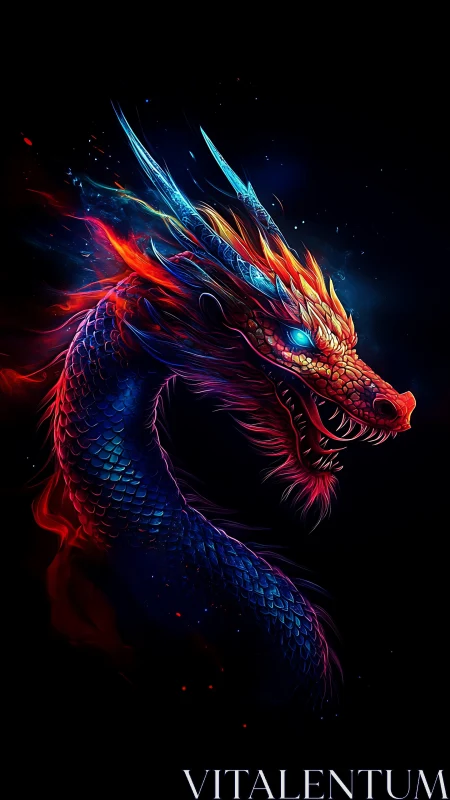 Luminous neon dragon coils through dark cosmic void.