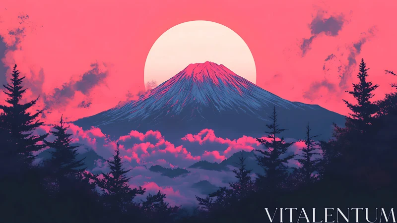 Digital neon landscape with silhouetted pines and volcanic peak.