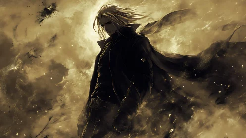 Solitary anime figure in dark coat amid swirling smoke.