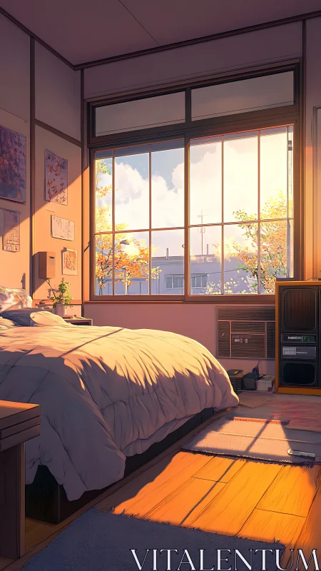 Sunlit anime bedroom with warm autumn city view.