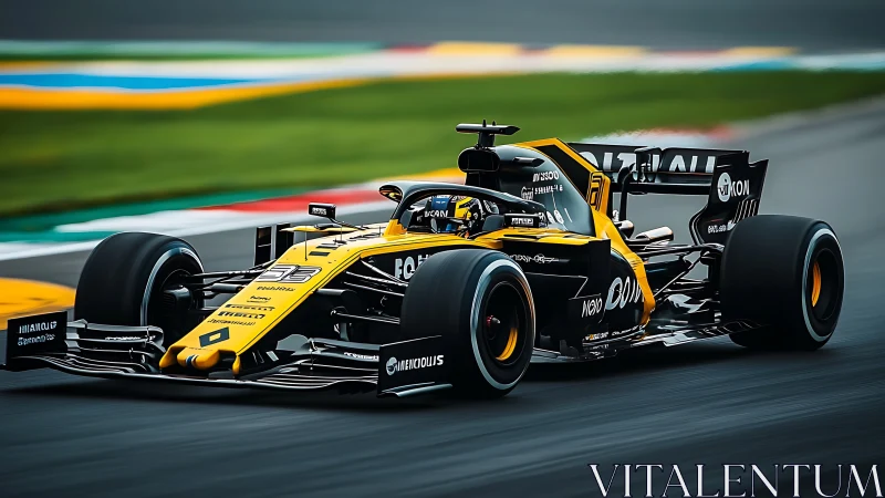 Yellow and black Formula racing car on track in motion.