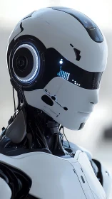 Futuristic humanoid robot with sleek white cybernetic shell.