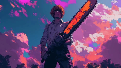 Bloodstained boy wields blazing chainsaw beneath neon skies.