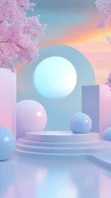 Pastel 3D stage with spheres, arch, and stylized trees